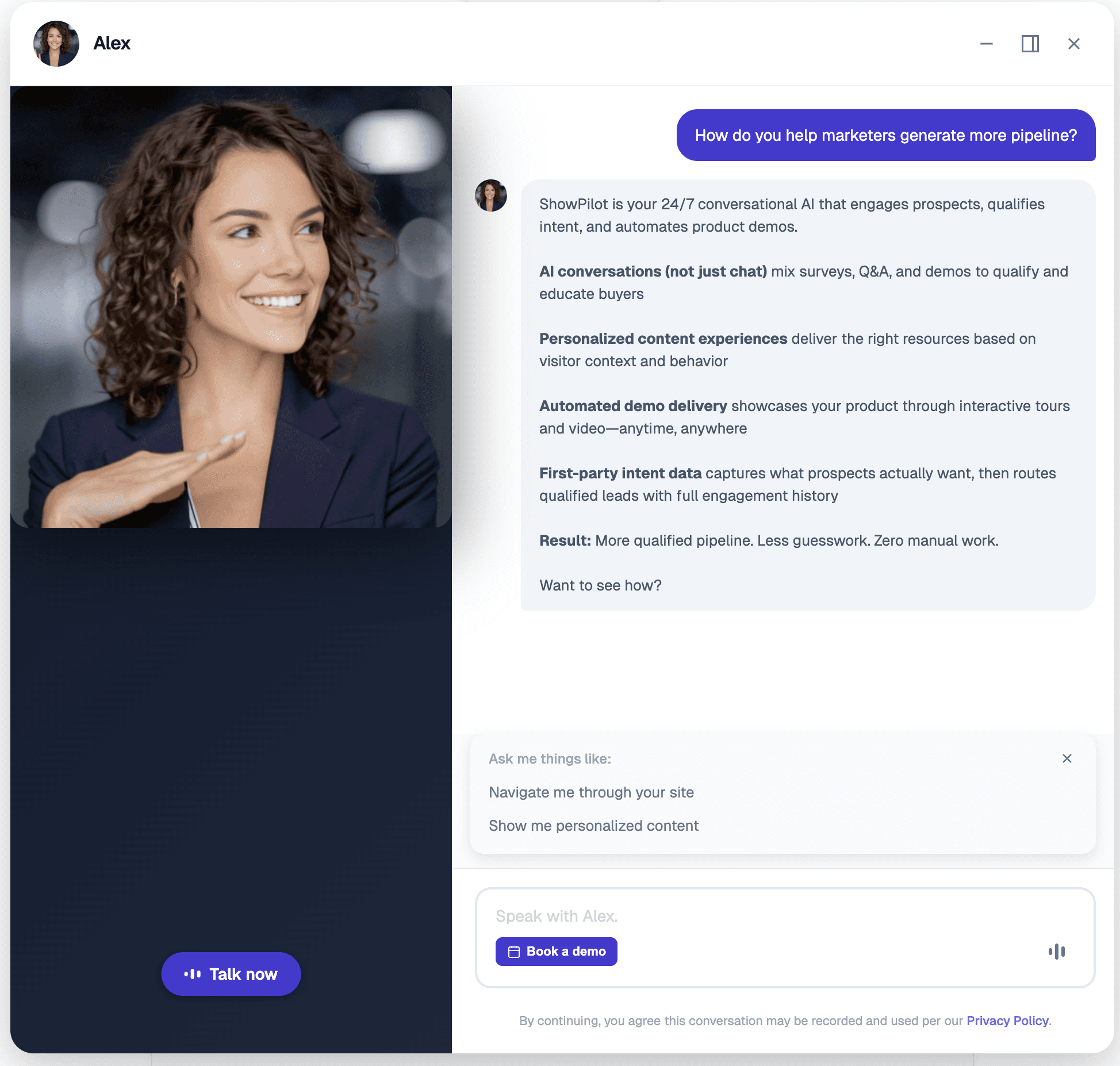 ShowPilot expanded chat showing proactive feature responses