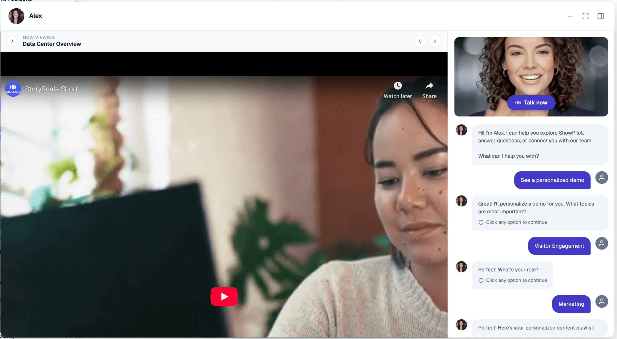 ShowPilot experience viewer with video player and live chat qualification flow