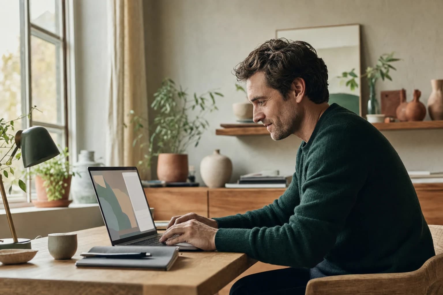 A buyer at a home-office laptop typing a question to a website agent