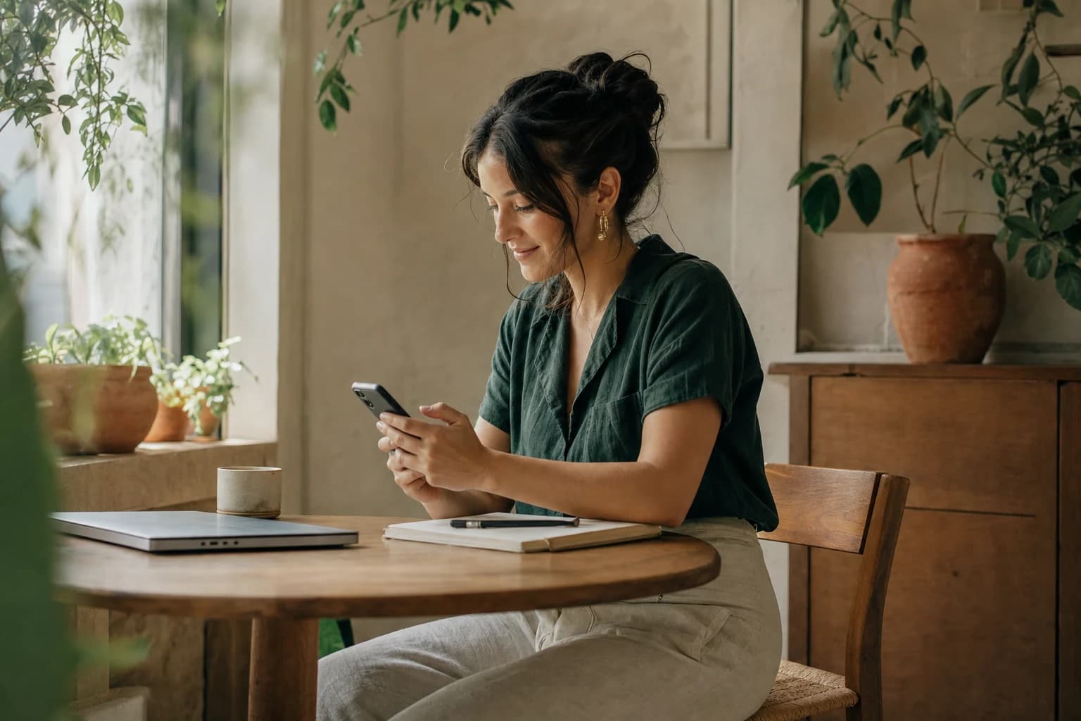 A young professional replying to a message on her phone at a café table