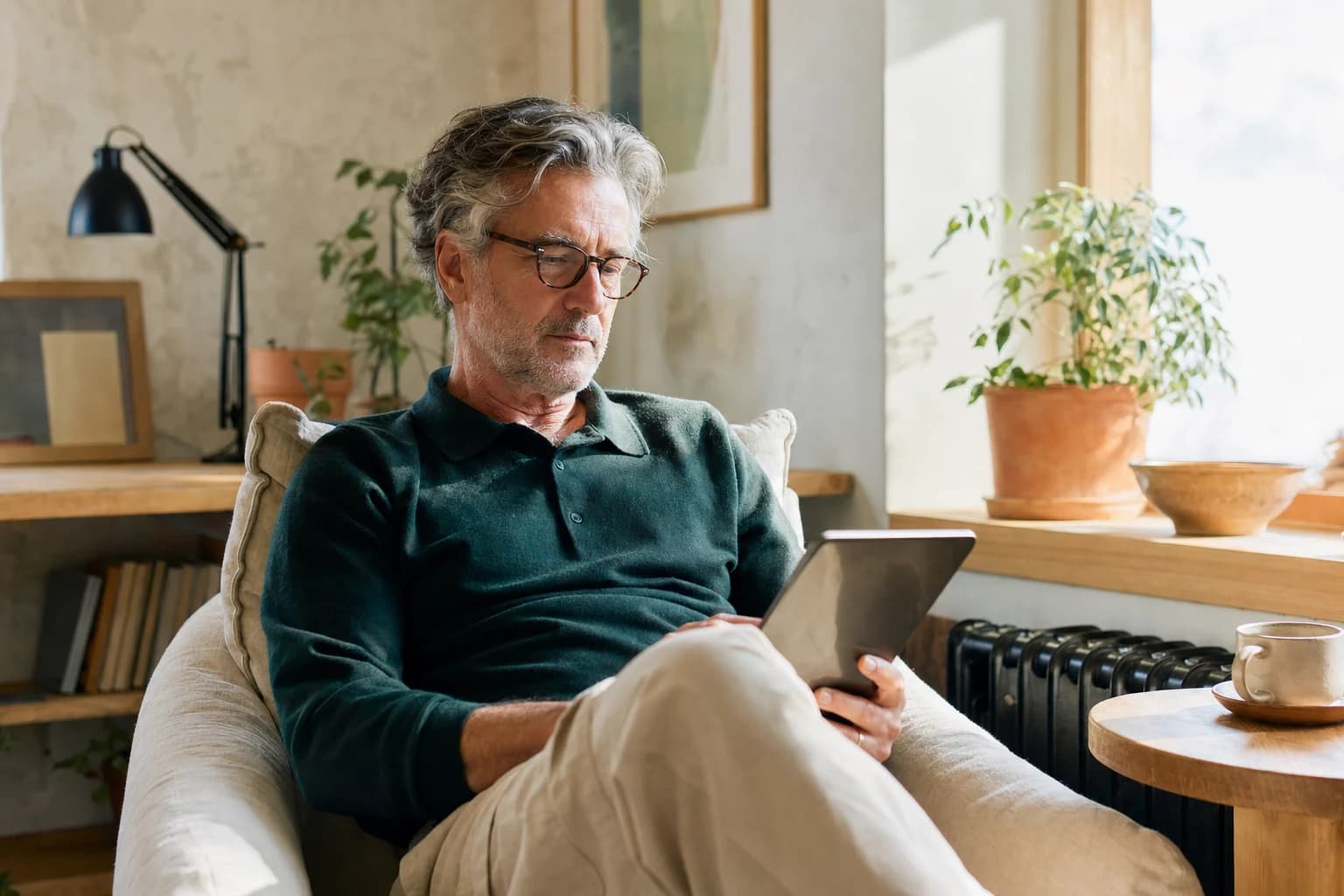 A buyer in an armchair watching a short video on a tablet