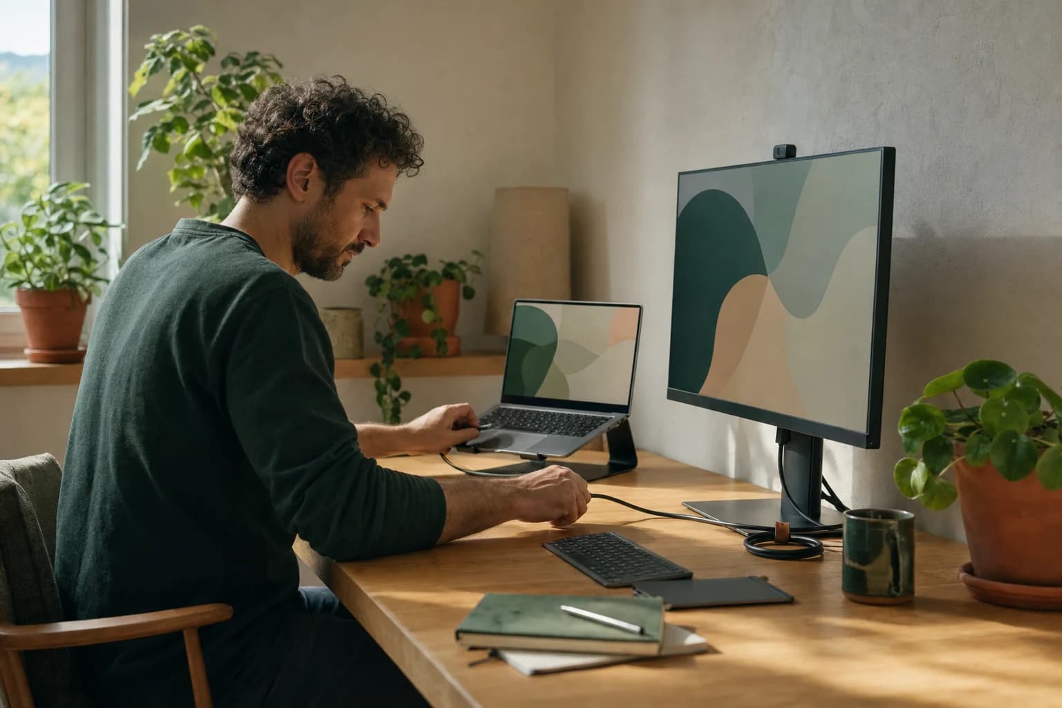 A systems administrator connecting a laptop at a tidy desk