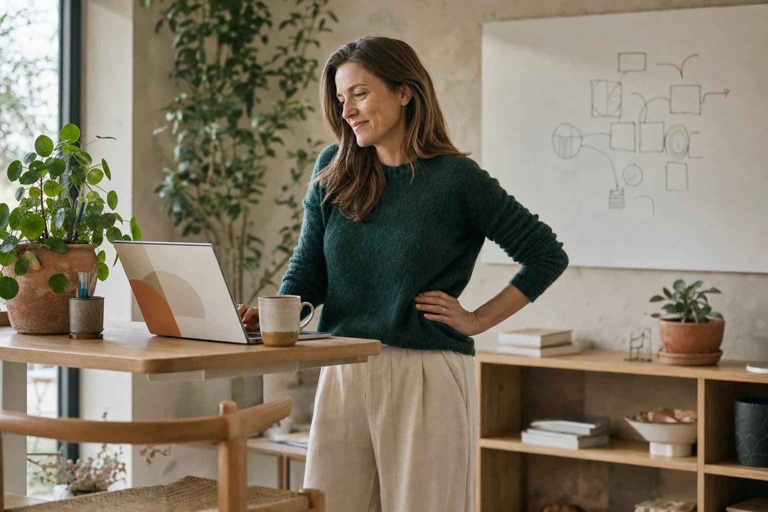 A marketing leader at a tall desk reviewing her laptop