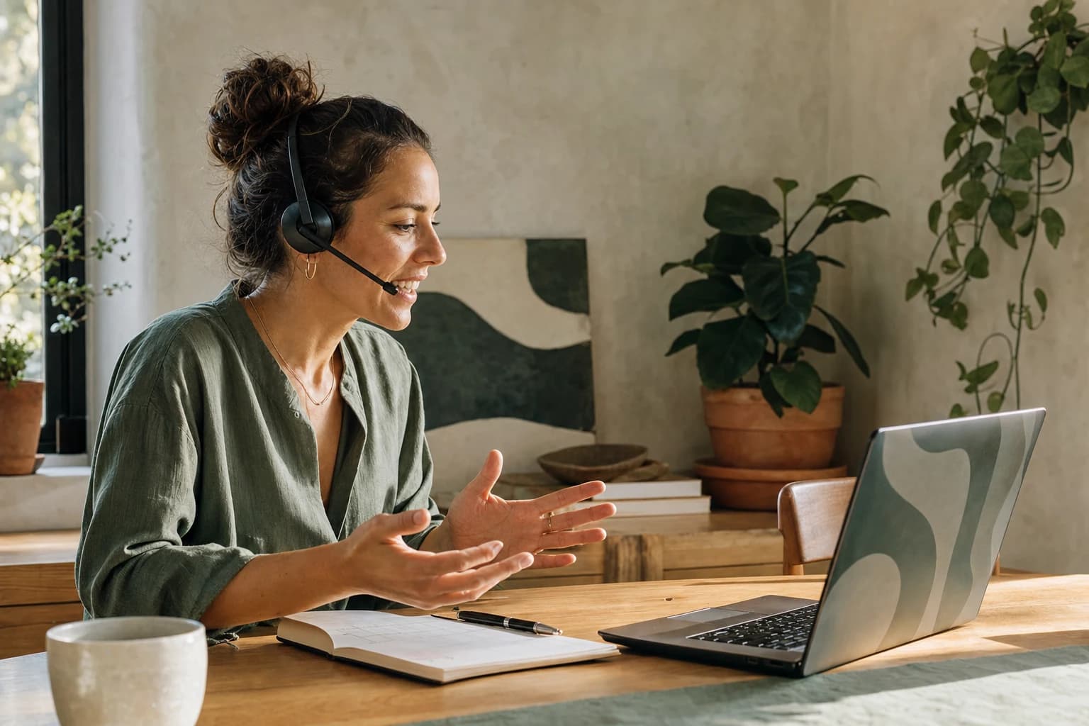 A sales rep on a video call wearing a headset