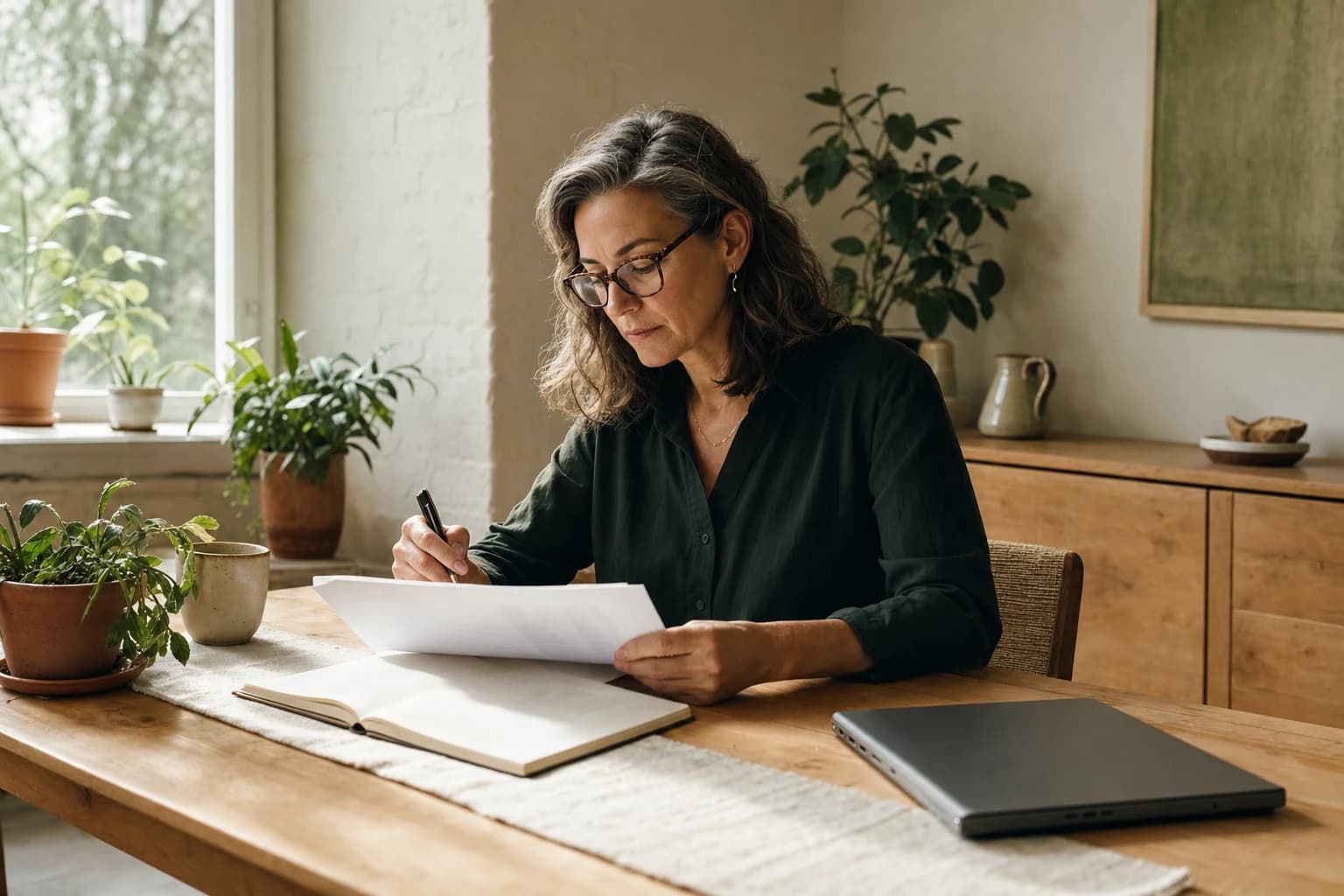 A compliance lead reading a printed document with a pen