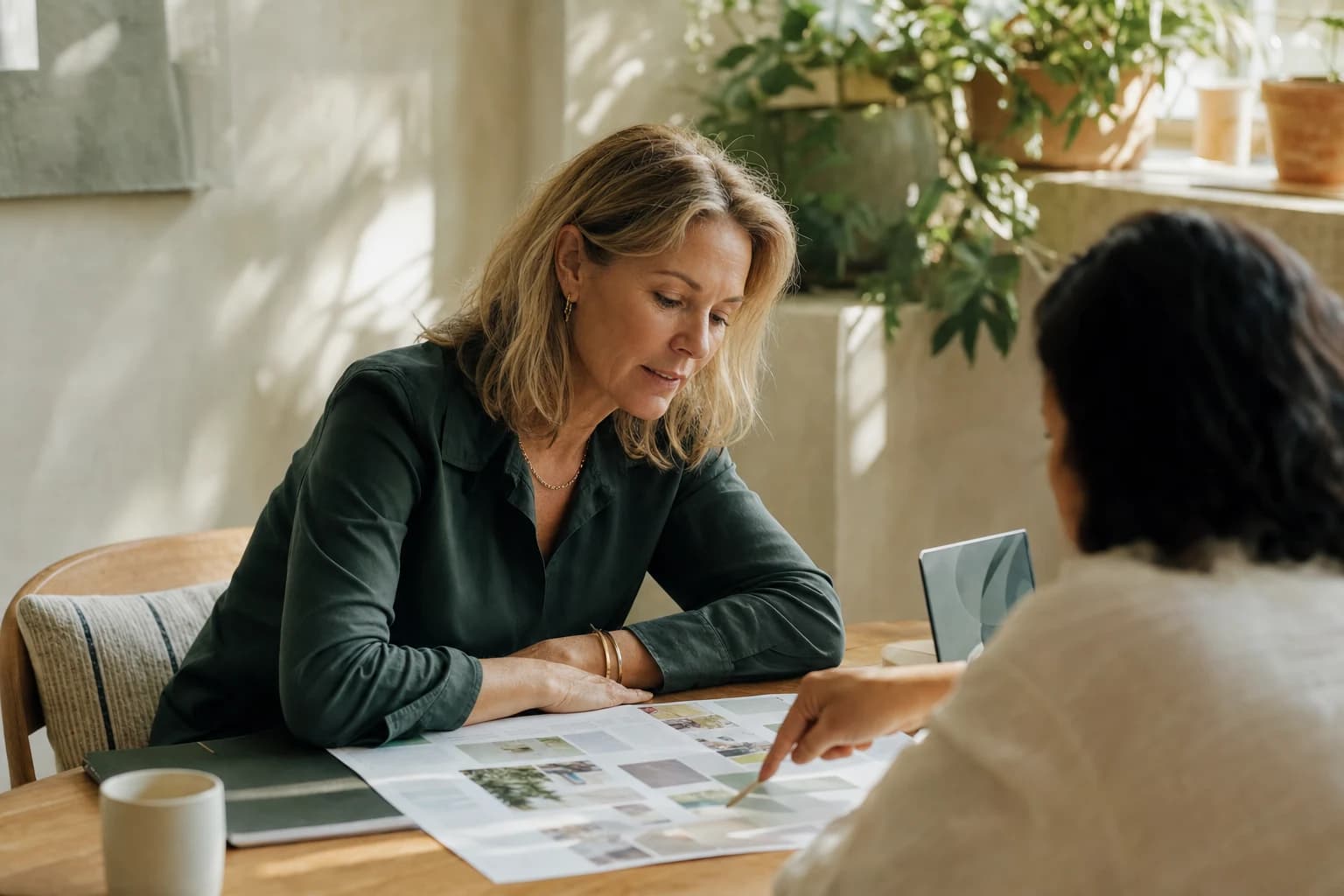 A chief marketing officer leaning over a printed account plan with a colleague.
