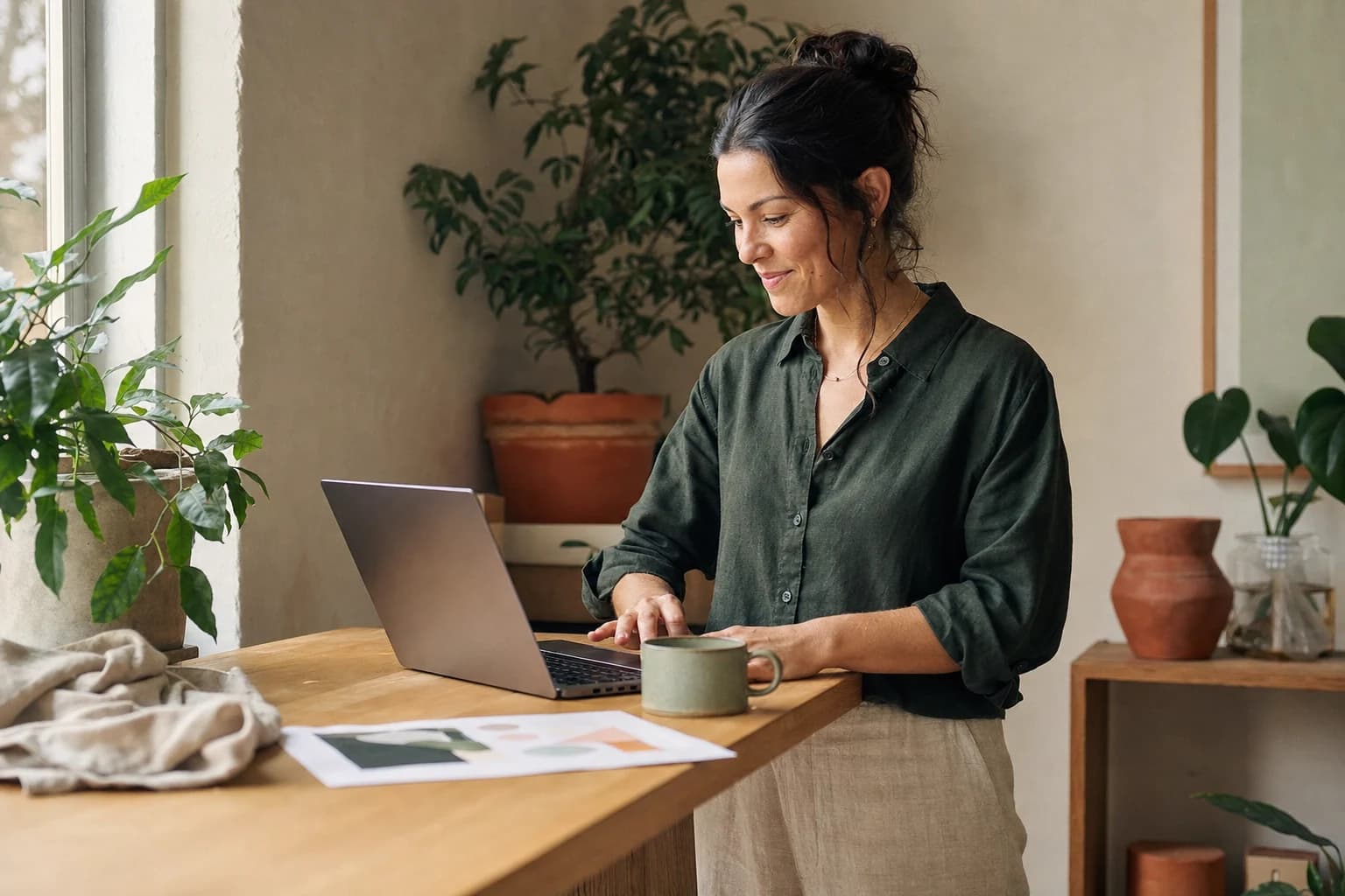 A demand generation lead at a sunlit work table, reviewing campaign results on her laptop.