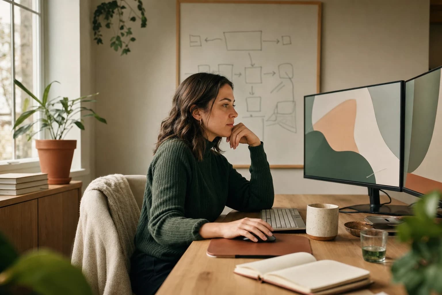 A revenue operations manager at her desk, working across two monitors.