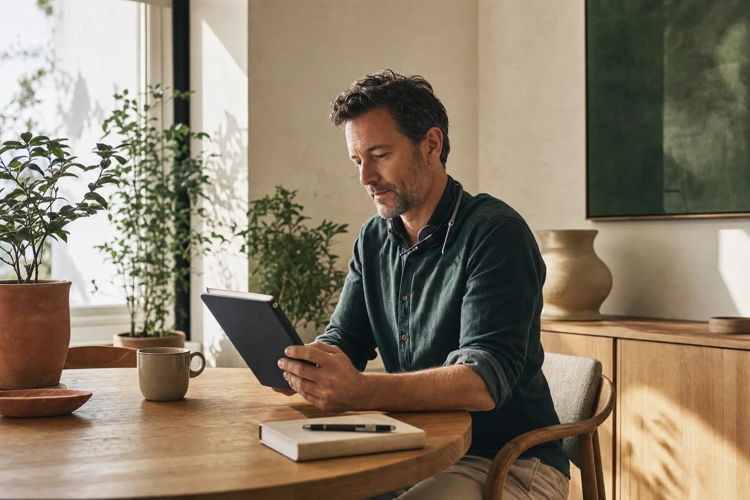 An account executive at a round oak table, reading a buyer’s brief before a call.