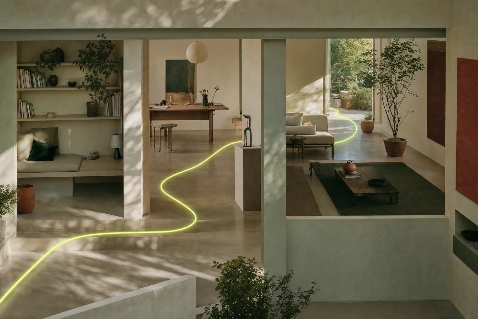 An open-plan house seen from above, every room joined by one continuous path of light.