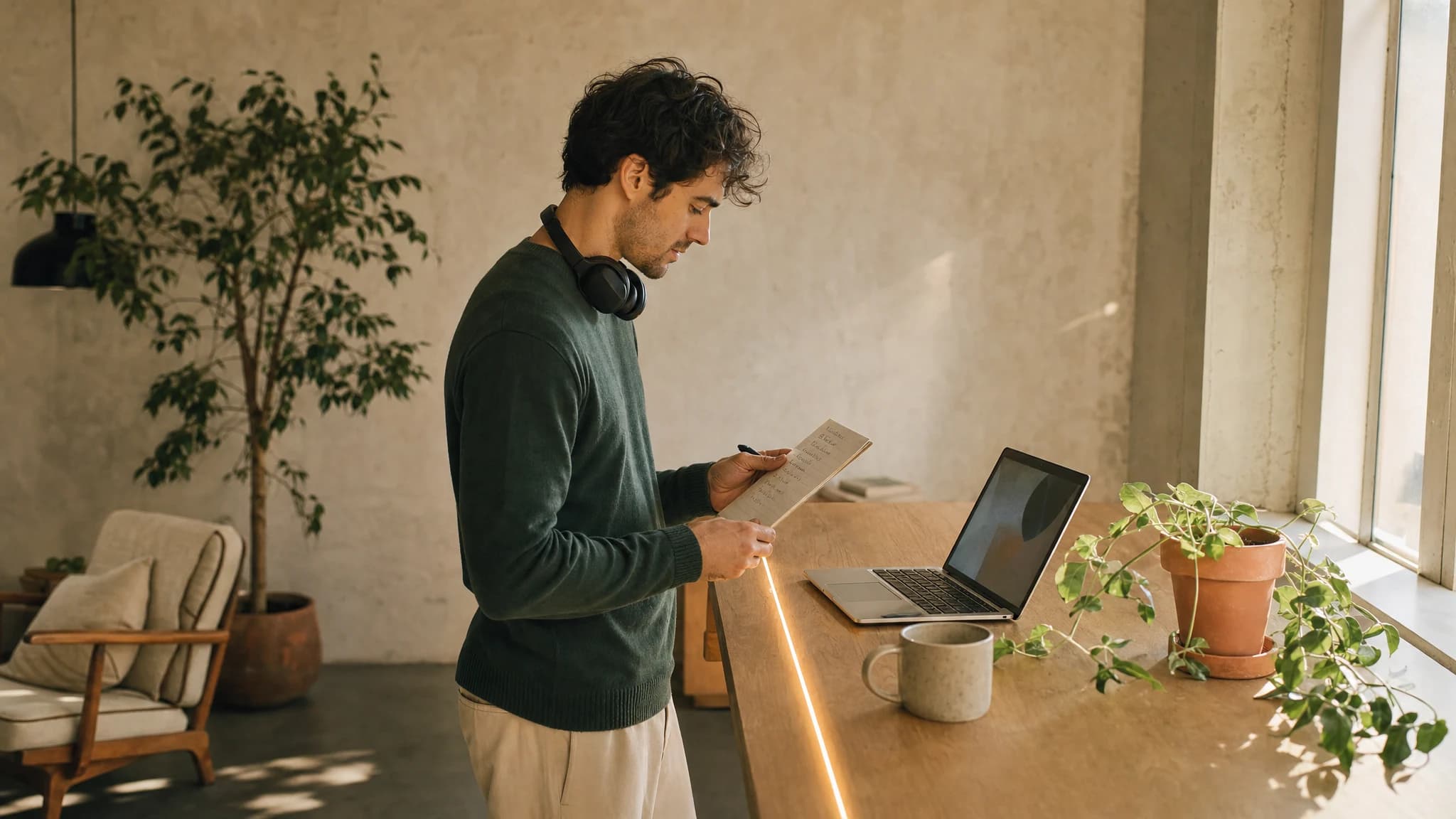 A sales development rep at a sunlit counter, headset around the neck, reading a short handwritten list beside a laptop.