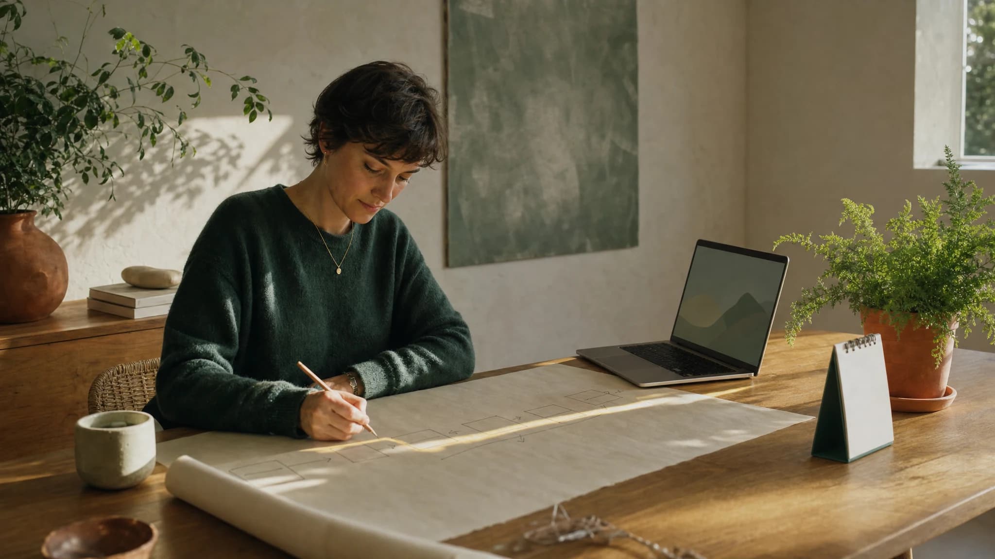 A revenue operations manager sketching a flow of boxes and arrows on a large sheet of paper at a sunlit desk.