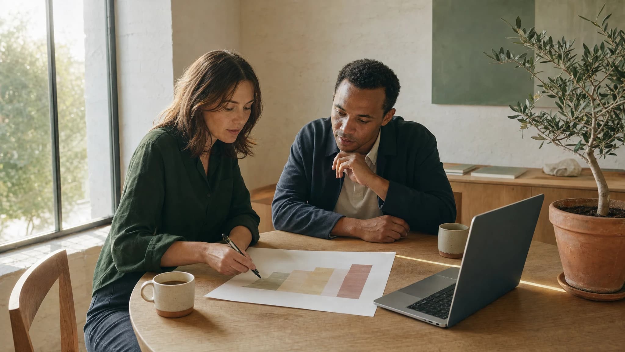 Two colleagues at a round oak table, one pointing a pen at the lowest step of a printed chart of plans.