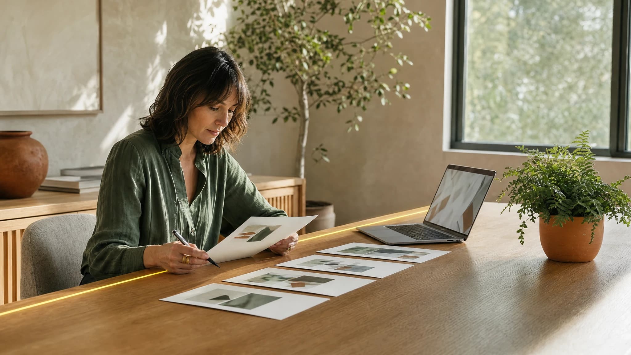 A marketing lead at a sunlit oak table, reading one of five printed product profiles laid out side by side.