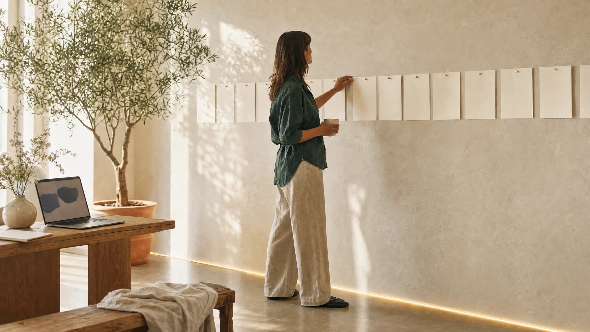 A marketing operations lead pinning a long row of paper cards along a sunlit wall like a timeline.