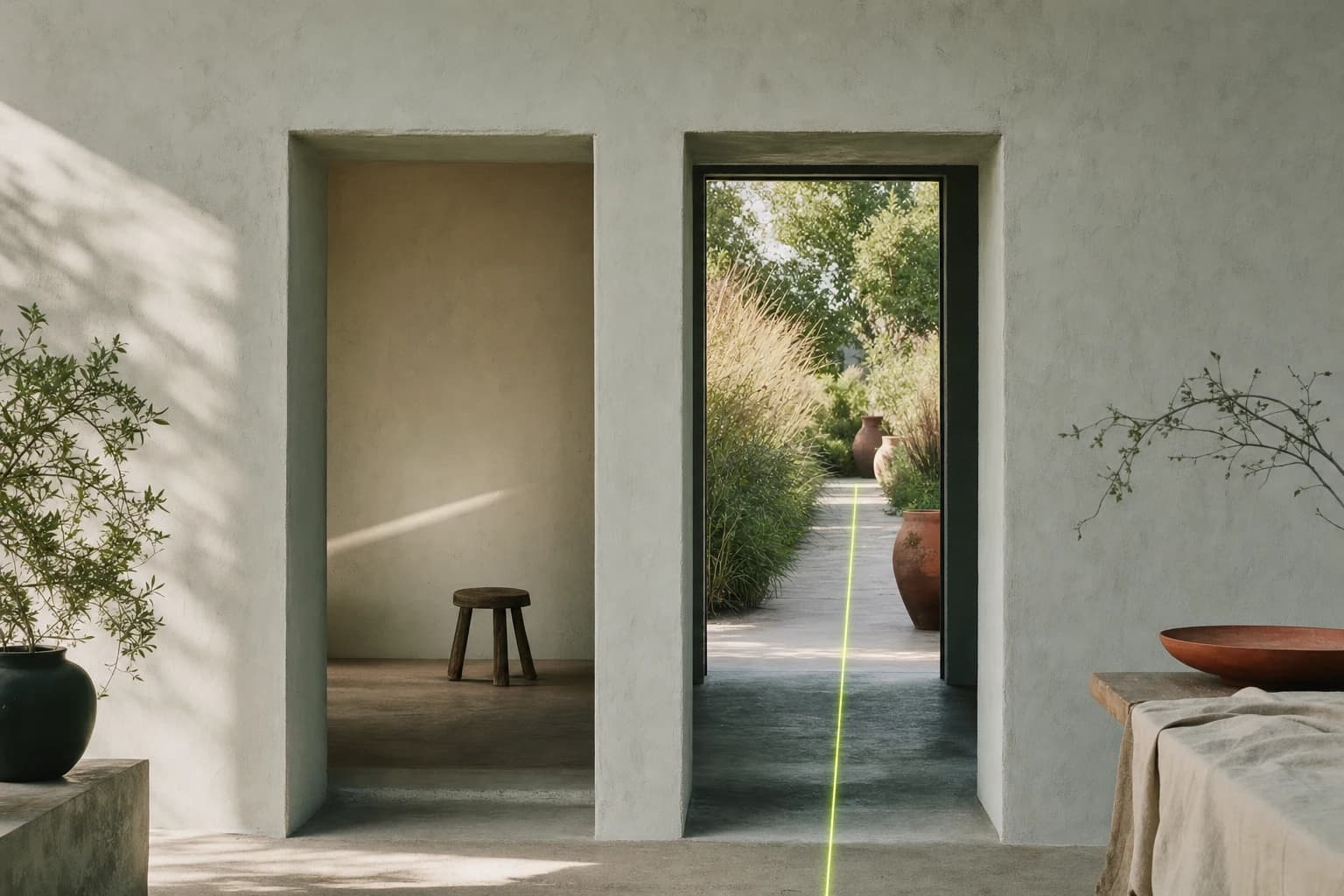 Two openings in a plaster wall: one leads to a small closed alcove, the other to a sunlit garden path.