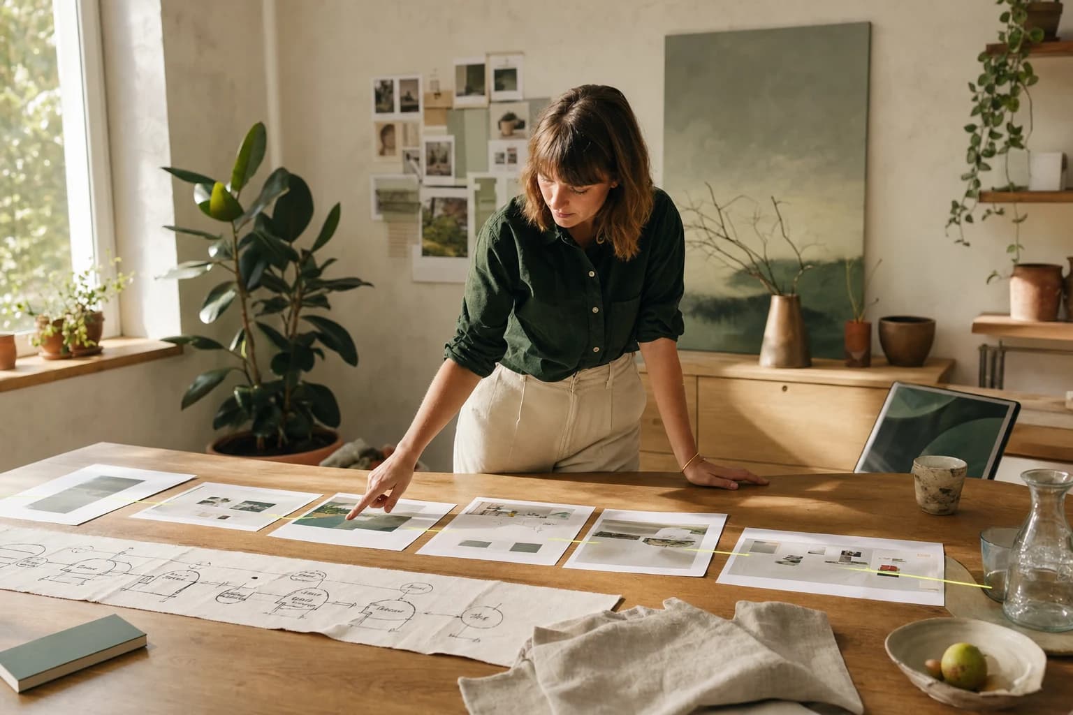 A marketing lead at an oak table, pointing to one page in a laid-out customer journey.