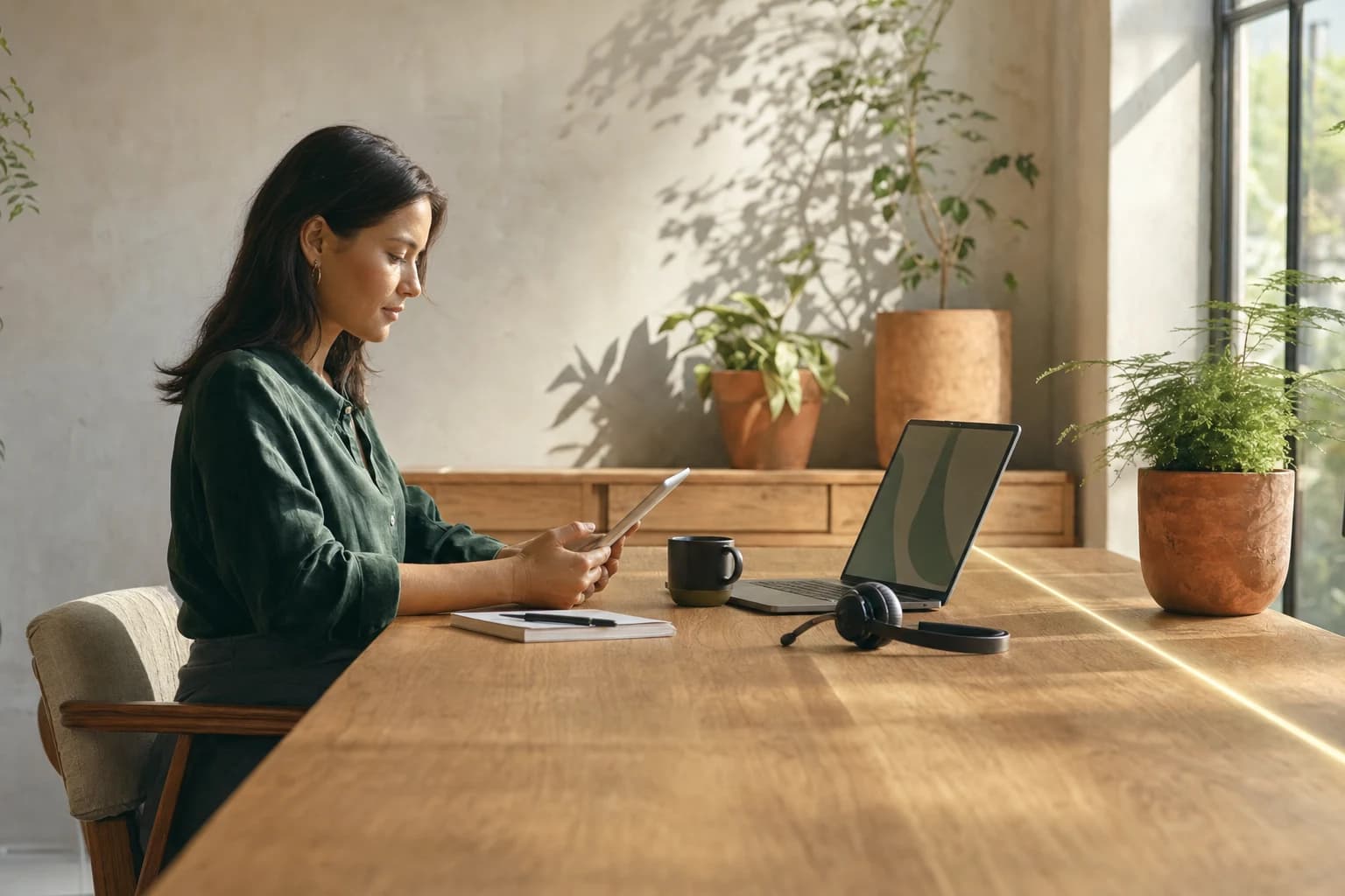 A sales rep at a sunlit oak desk, reading notes on a tablet before a call.