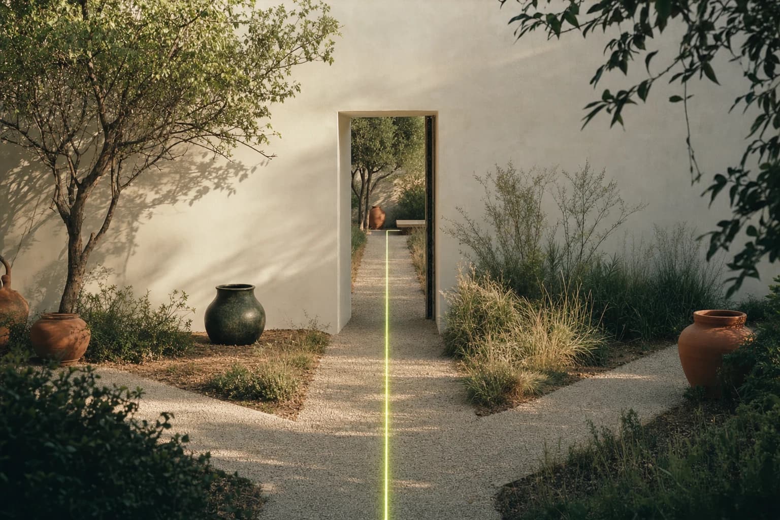 A garden courtyard where three paths meet at one open doorway.