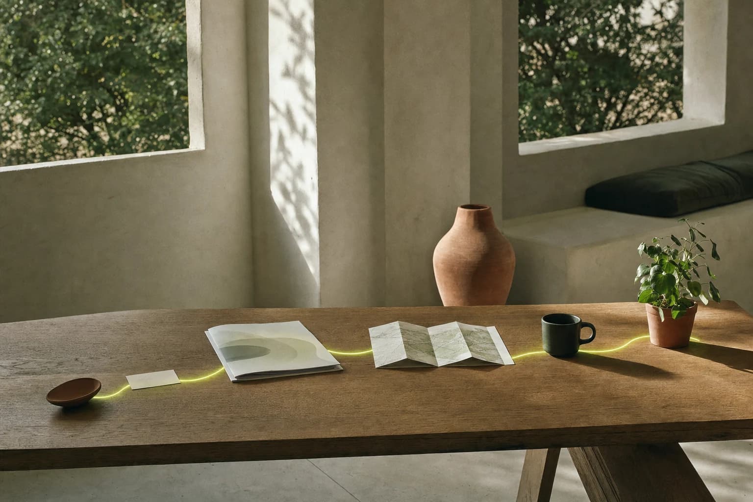 A sunlit table with one visitor’s things laid out in order: a business card, printed pages, a map and a cup.