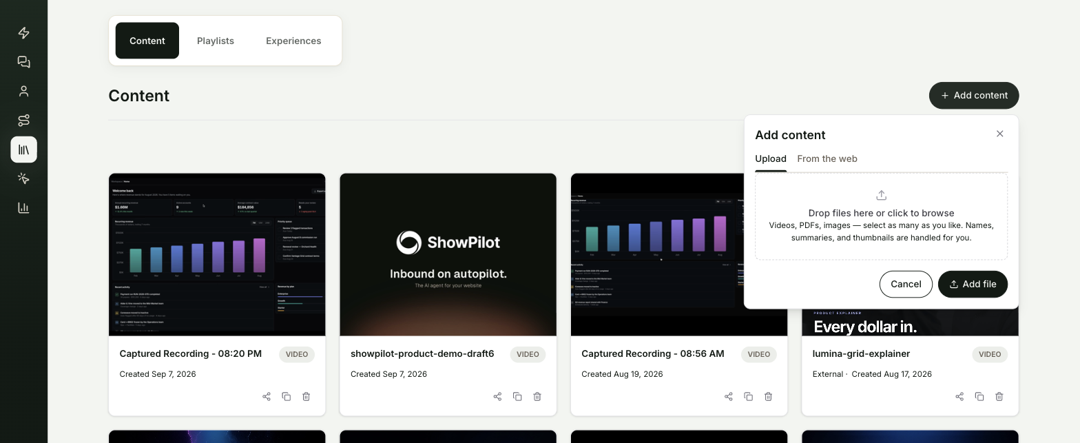 The Content page with the Add content panel open on the Upload tab