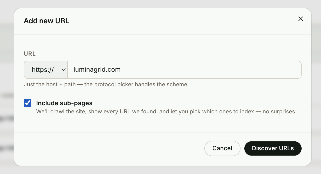 The Add new URL window with Include sub-pages checked