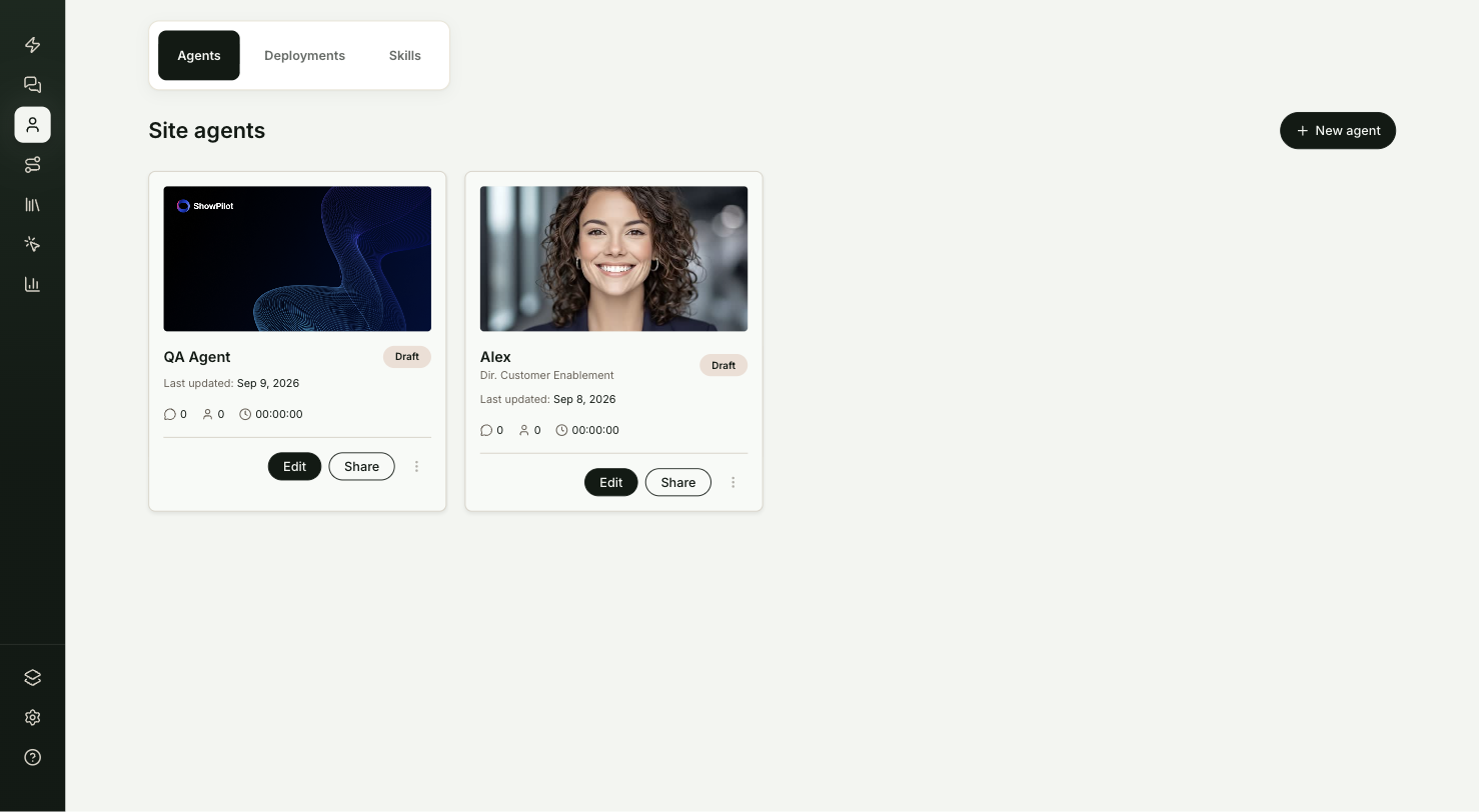 The Agents page with the New agent button in the top right