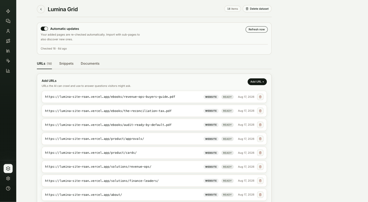 A dataset page with the Automatic updates switch, the Refresh now button and the list of sources