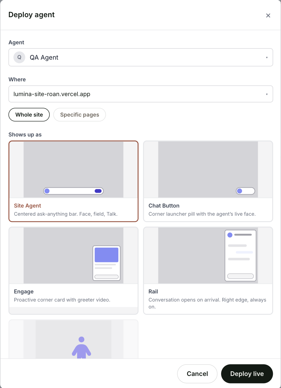 The Deploy agent window with the Agent, Where and Shows up as sections