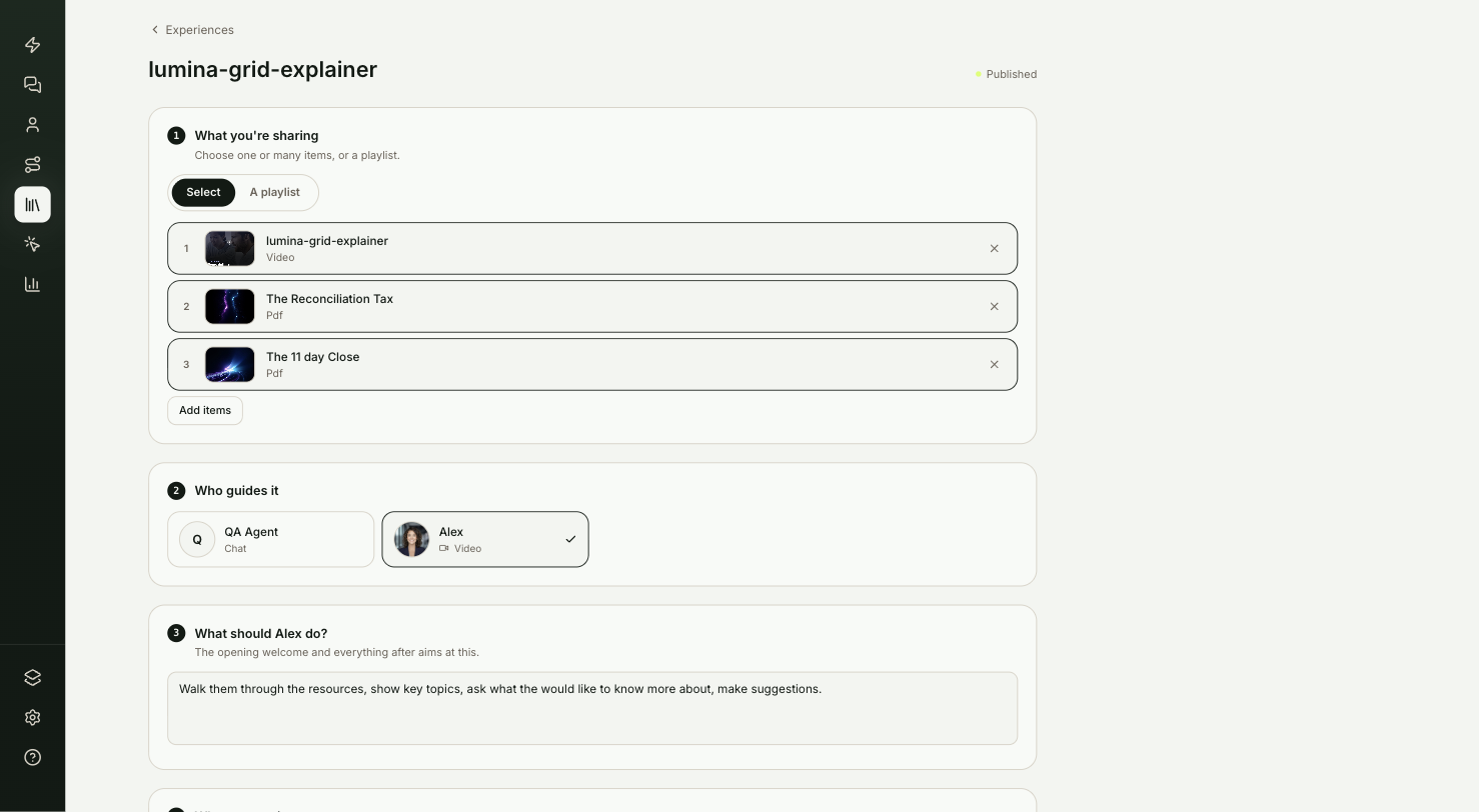 The experience editor with the numbered sections What you're sharing, Who guides it, the goal and Who can see it