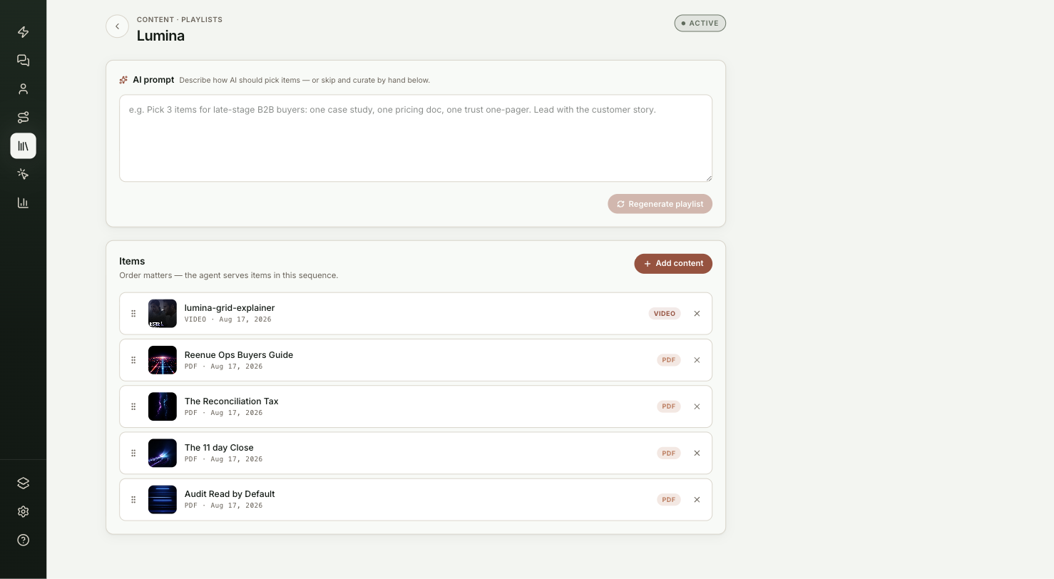 A playlist page with the Active toggle, the prompt box and the ordered list of items