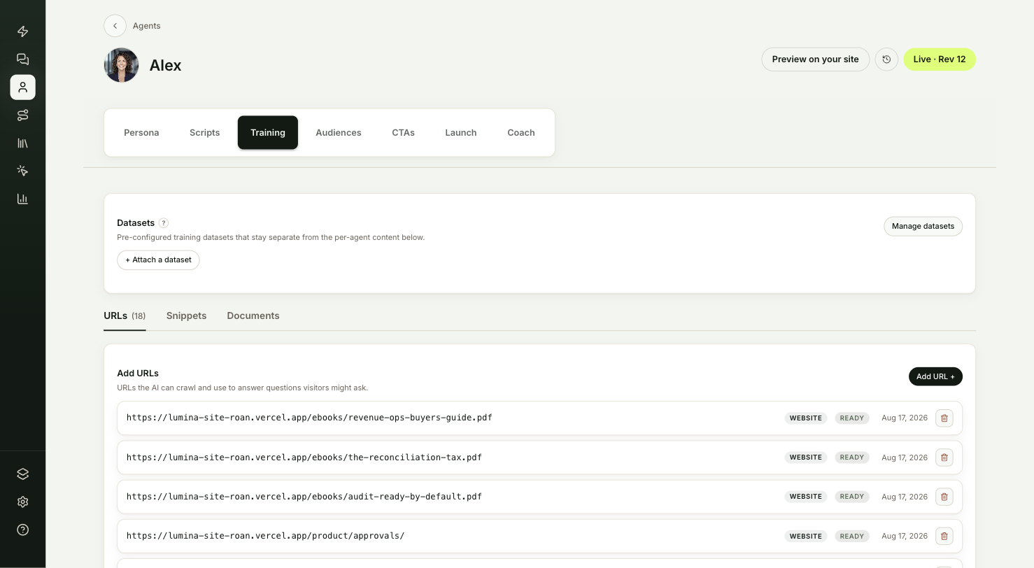The Training tab with the Datasets card at the top and the URLs list below it