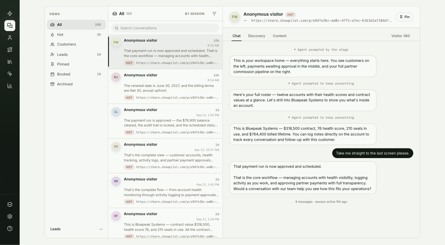 The Conversations inbox with the Views list, the conversation list and an open transcript