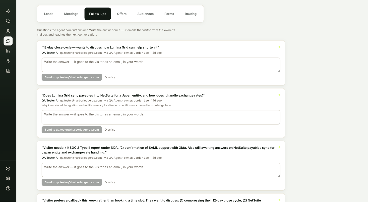 The Follow-ups tab with an open question and its answer box