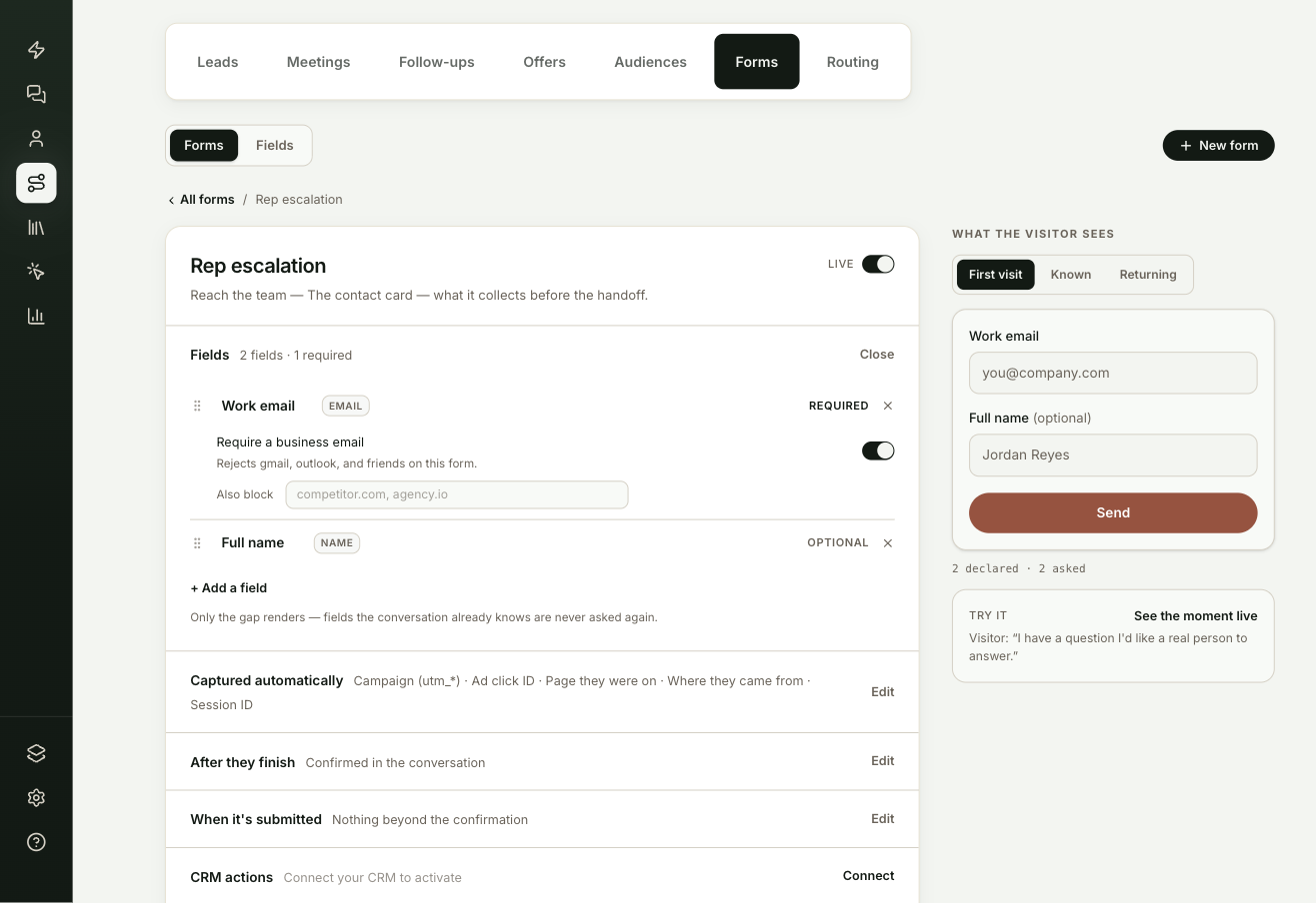 A form open in the editor, with the Fields section expanded and the card preview on the right