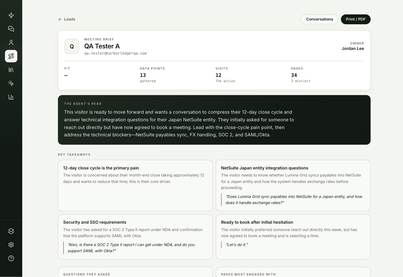 A lead brief with the header card, the agent's read and the scorecard