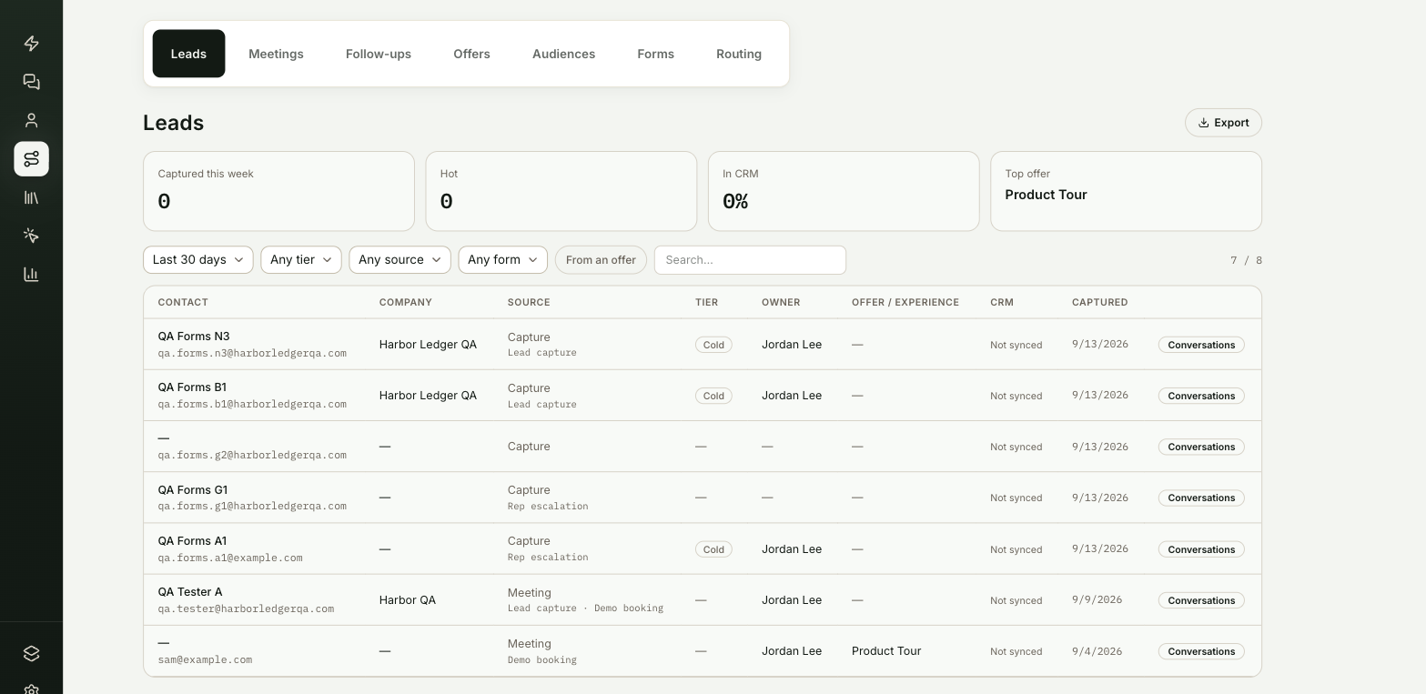 The Leads tab with the four summary cards, the filter row and the leads table