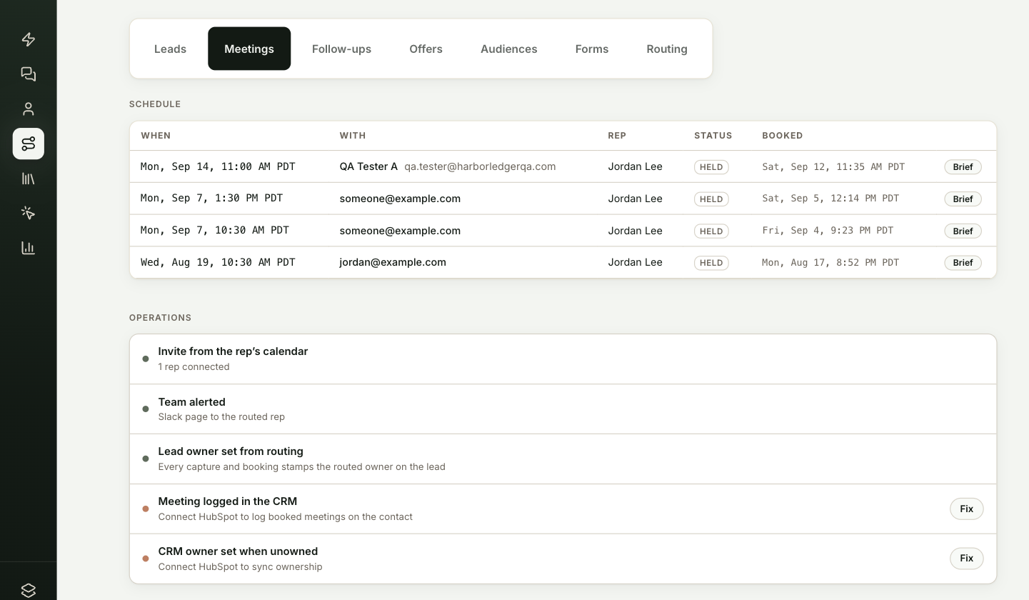 The Operations checklist on the Meetings tab, with one row showing a Fix button
