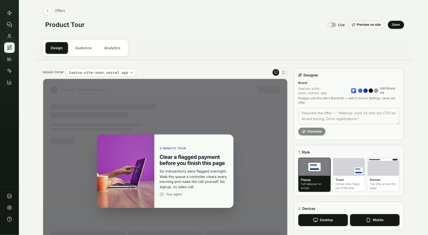 The offer editor's Design tab, with the offer shown over a site preview and the numbered sections on the right