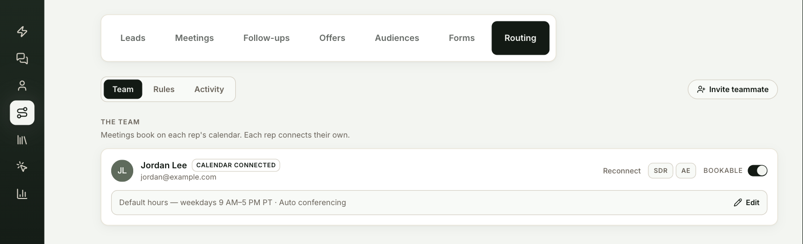 The Routing Team tab listing reps with their calendar status, role and Bookable switch