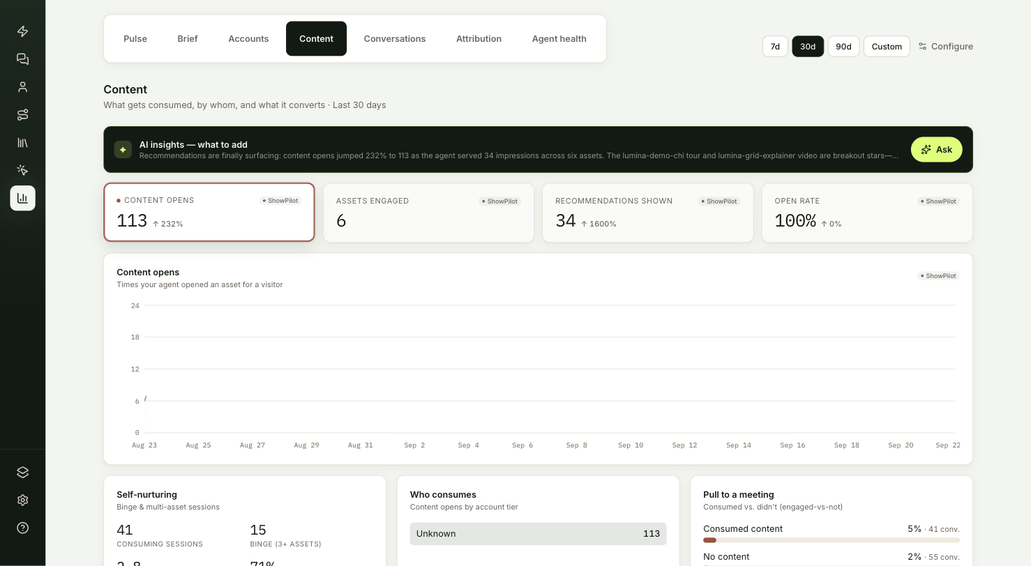 The Content tab with KPI cards, the self-nurturing cards and the Content performance table
