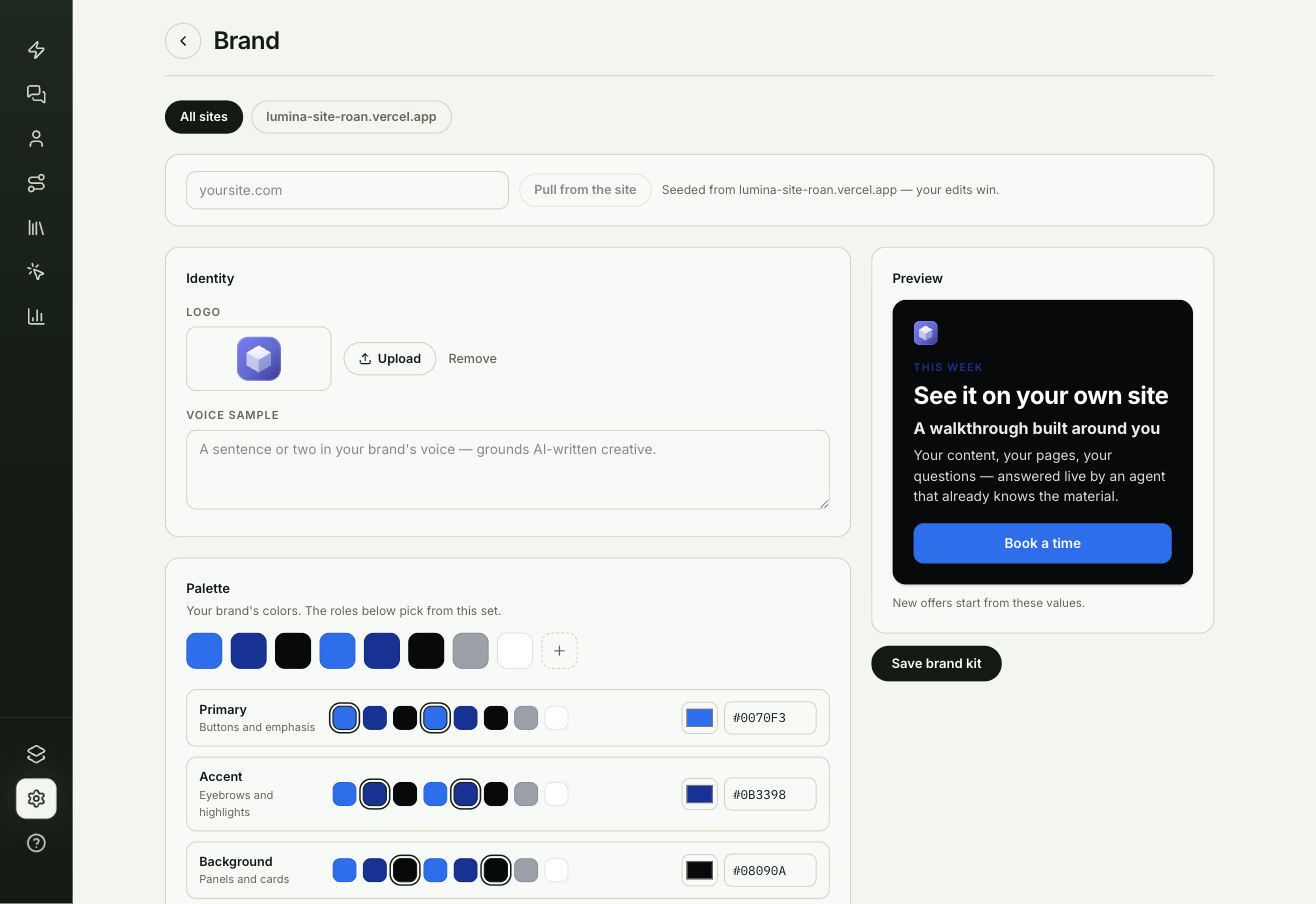 Settings, Brand, showing the logo, palette with color roles, typography and the live preview