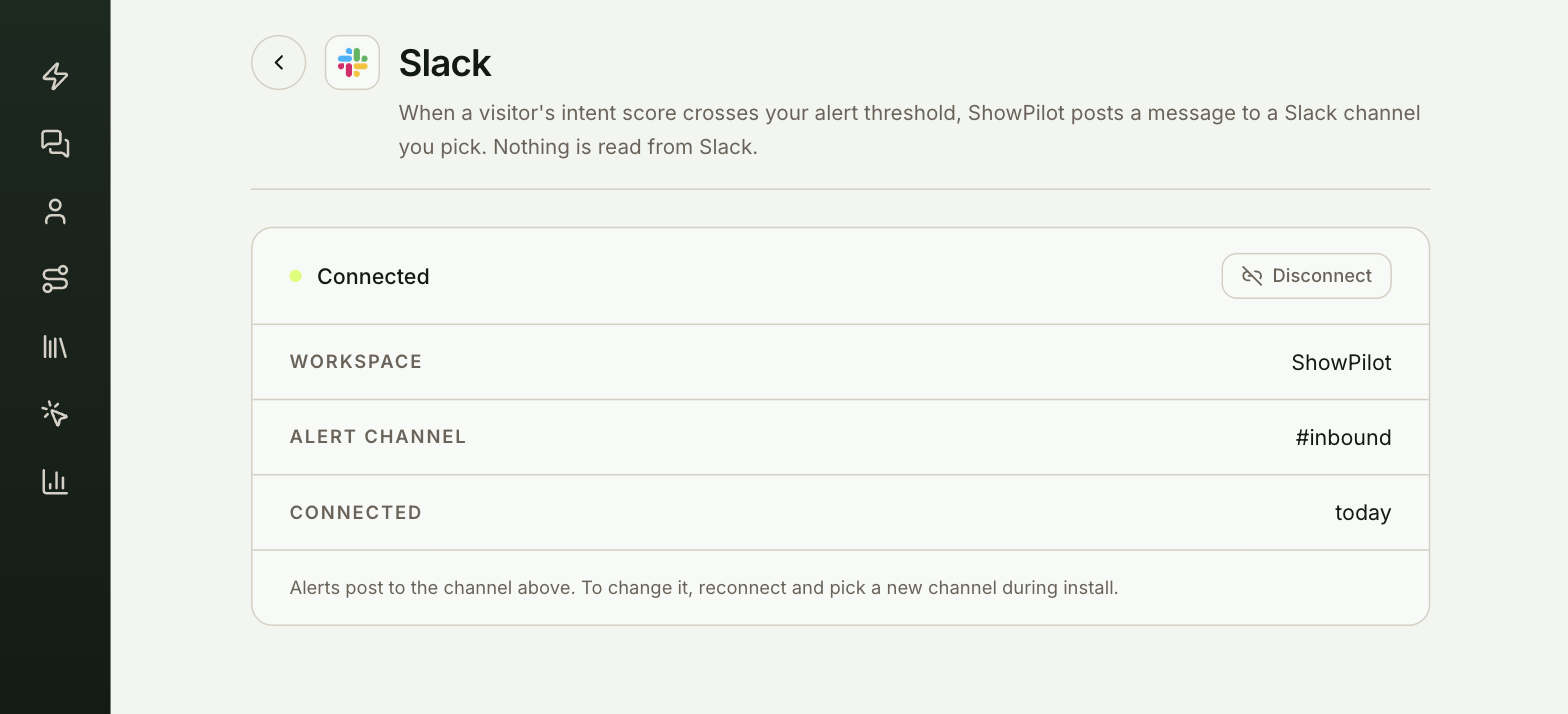 The Slack page in ShowPilot settings, connected, showing the workspace and alert channel