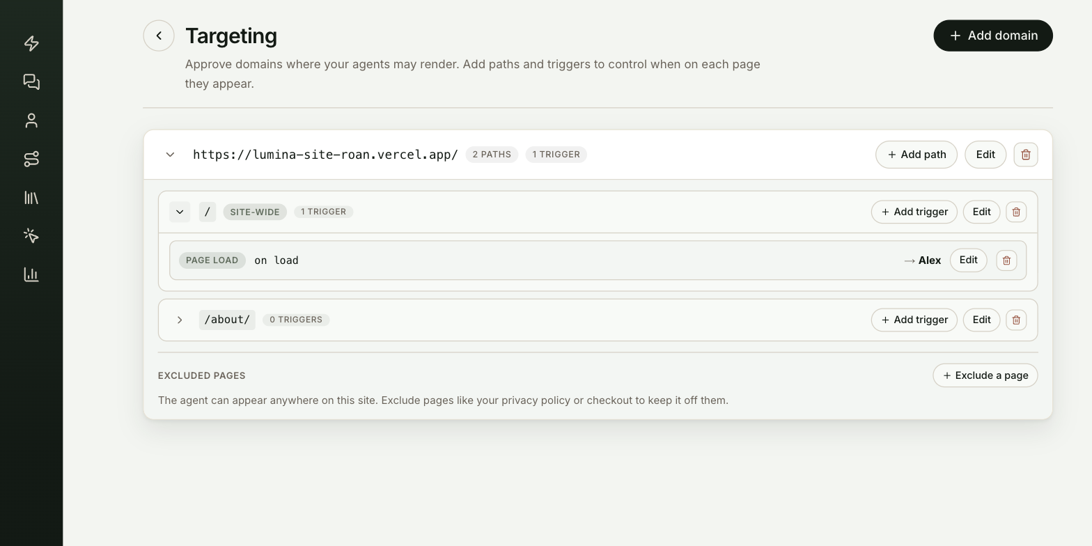 Settings, Targeting, with one domain expanded to show its paths, triggers and excluded pages
