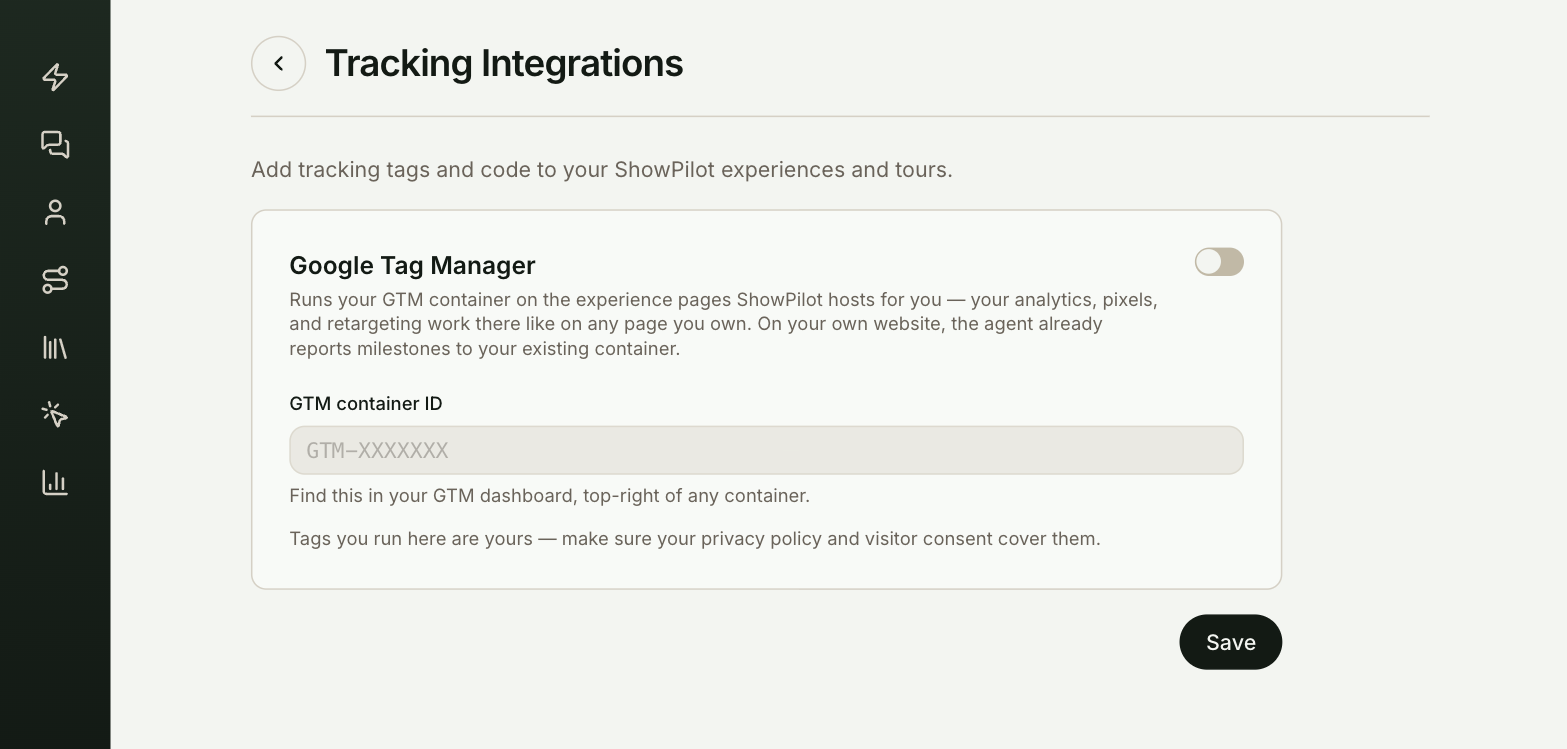 Settings, Tracking Integrations, with Google Tag Manager turned on and a container ID entered