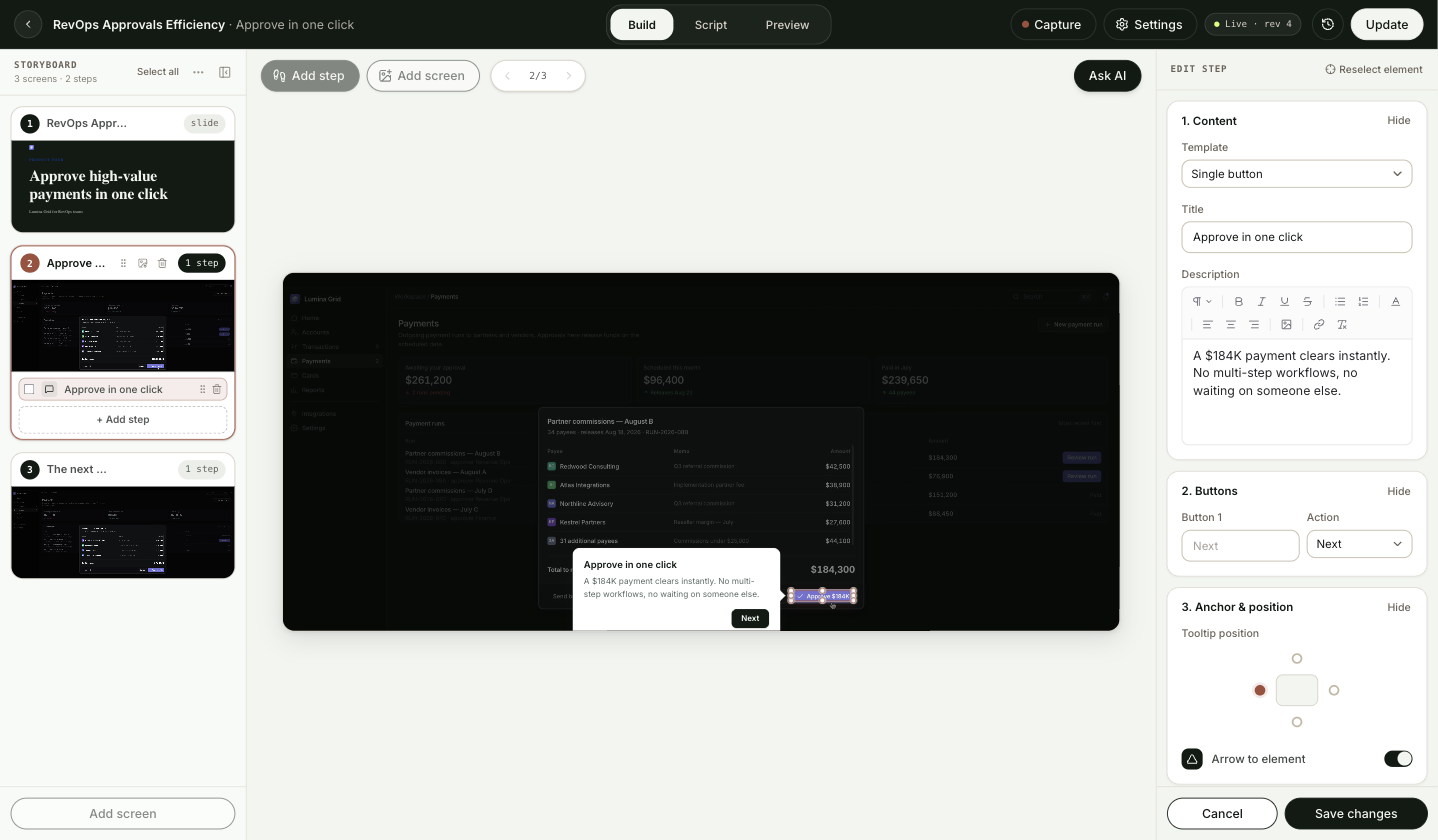 The tour builder in Build mode, with the storyboard on the left, the captured screen in the middle and a step's settings on the right
