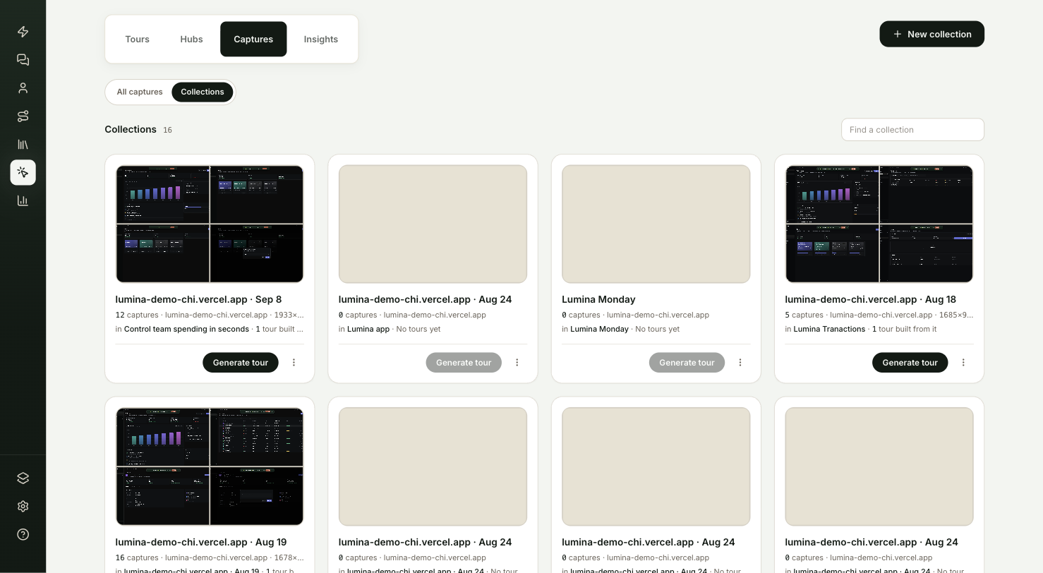 The Captures tab with the Collections view selected, showing collection cards