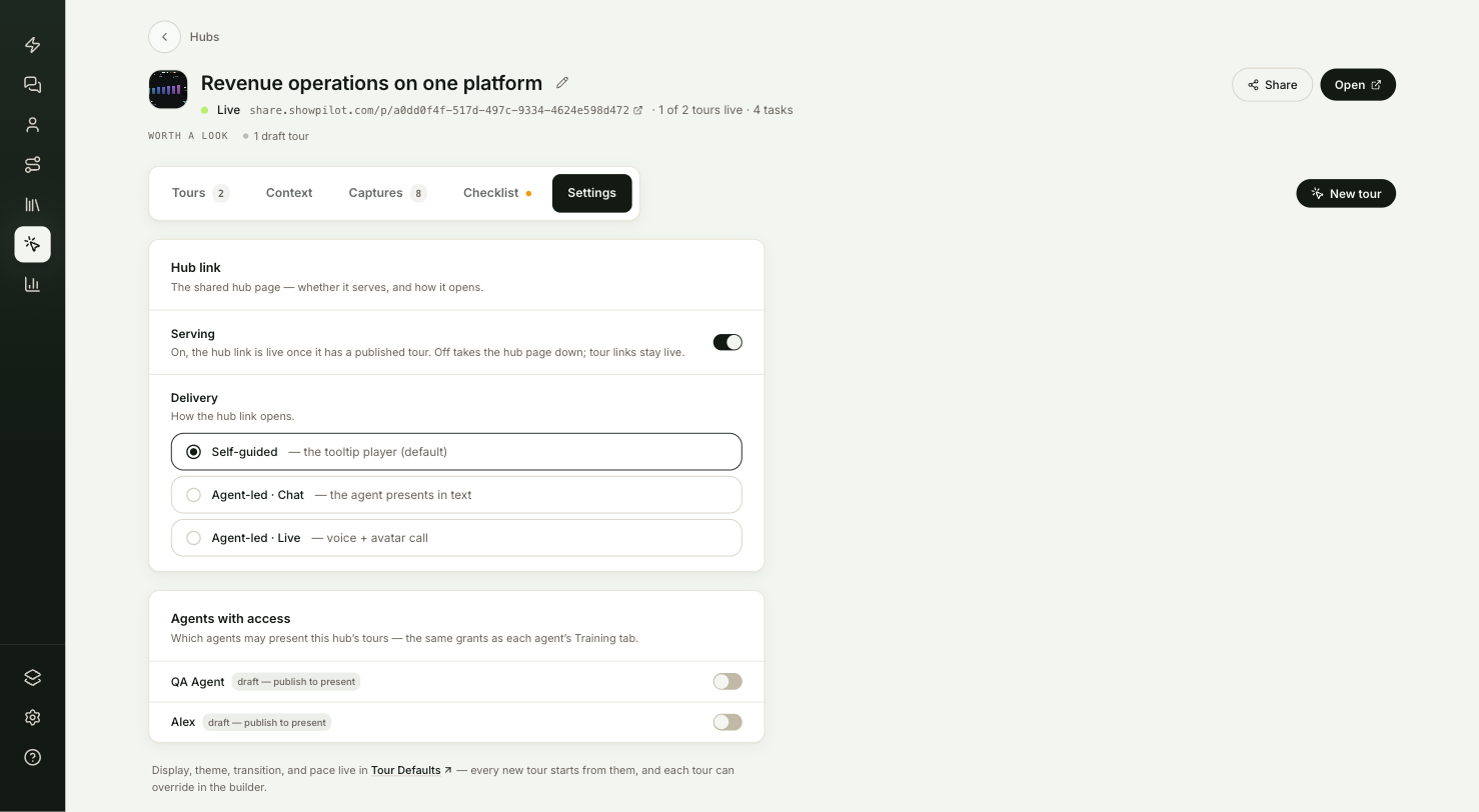 A hub's Settings tab showing Serving, the Delivery options and Agents with access