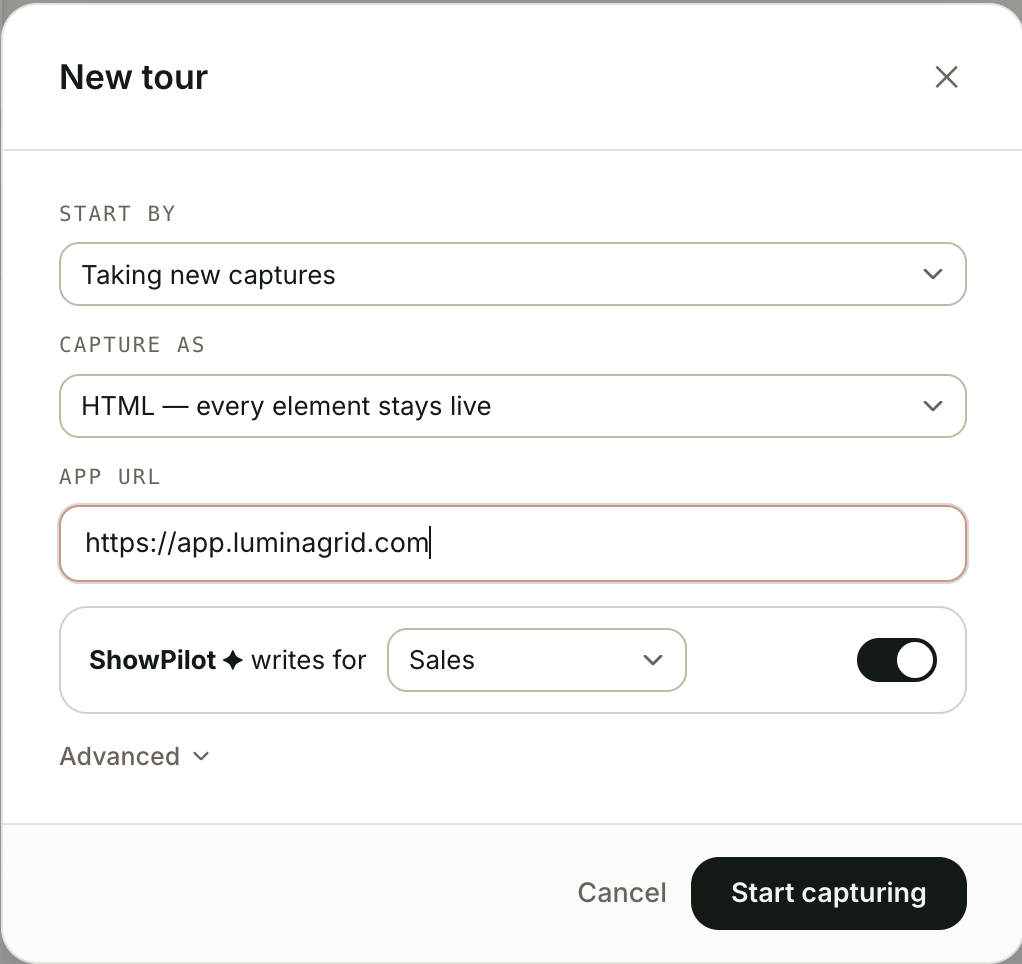 The New tour window with Start by set to Taking new captures