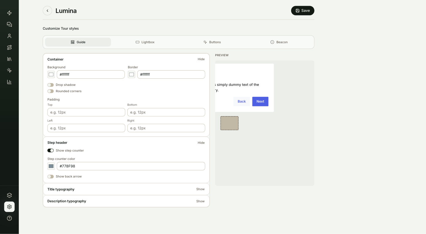 The style guide editor with the Guide section open on the left and a sample tooltip in the preview on the right